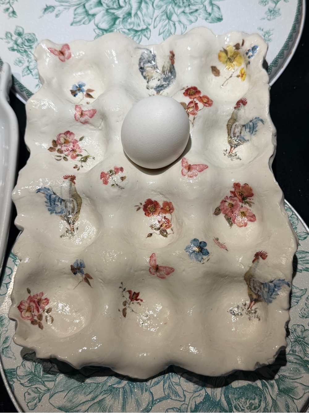 Handmade Floral & Rooster Egg Tray in Cream